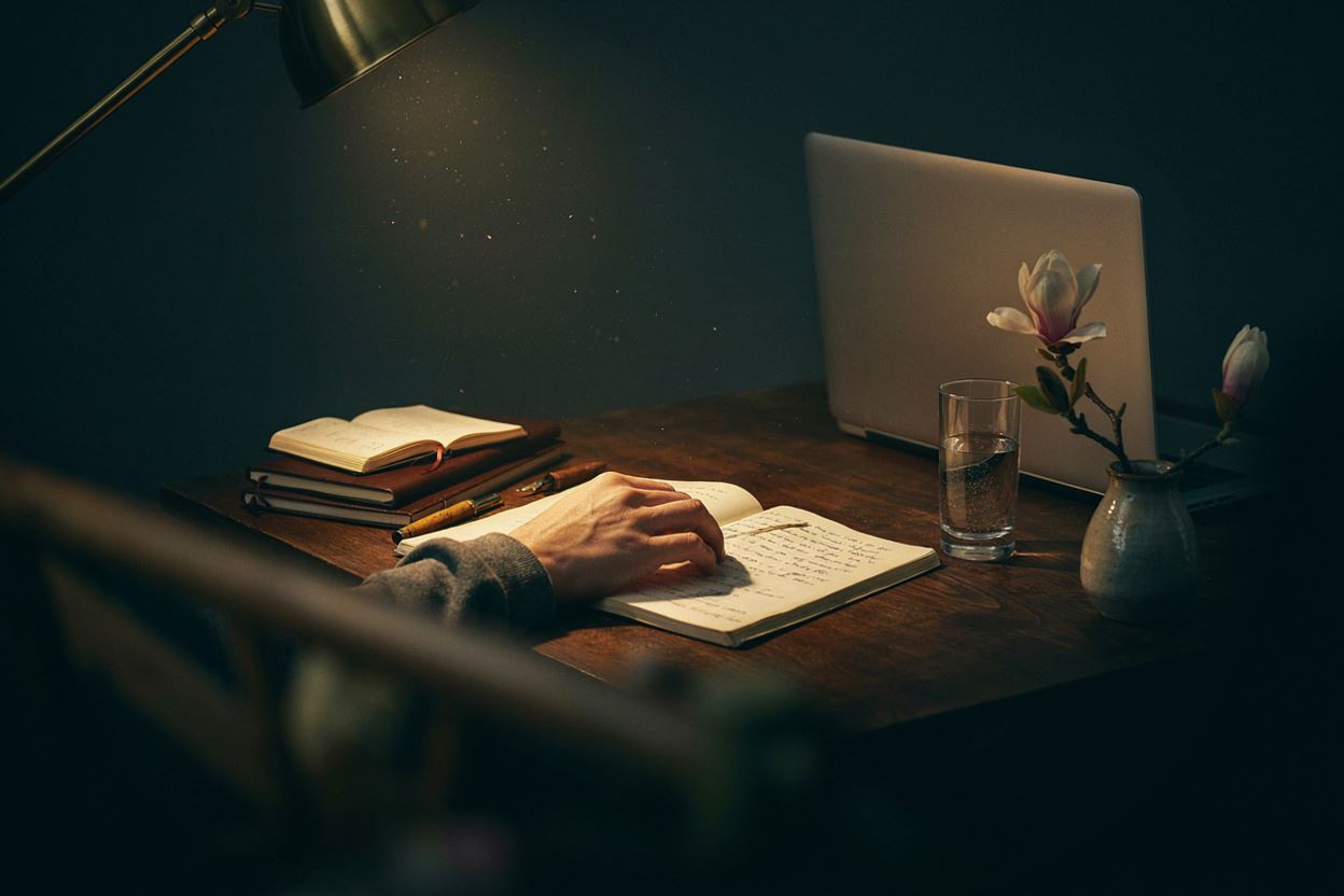 Mãos de um autor escrevendo num caderno ao lado de um notebook, sob a luz de um abajur, com um ramo de magnólia num vaso