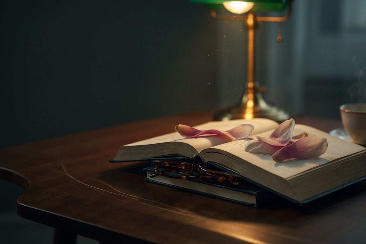 Livro aberto sobre uma mesa de madeira escura, iluminado por um abajur de mesa, com pétalas de magnólia sobre as páginas