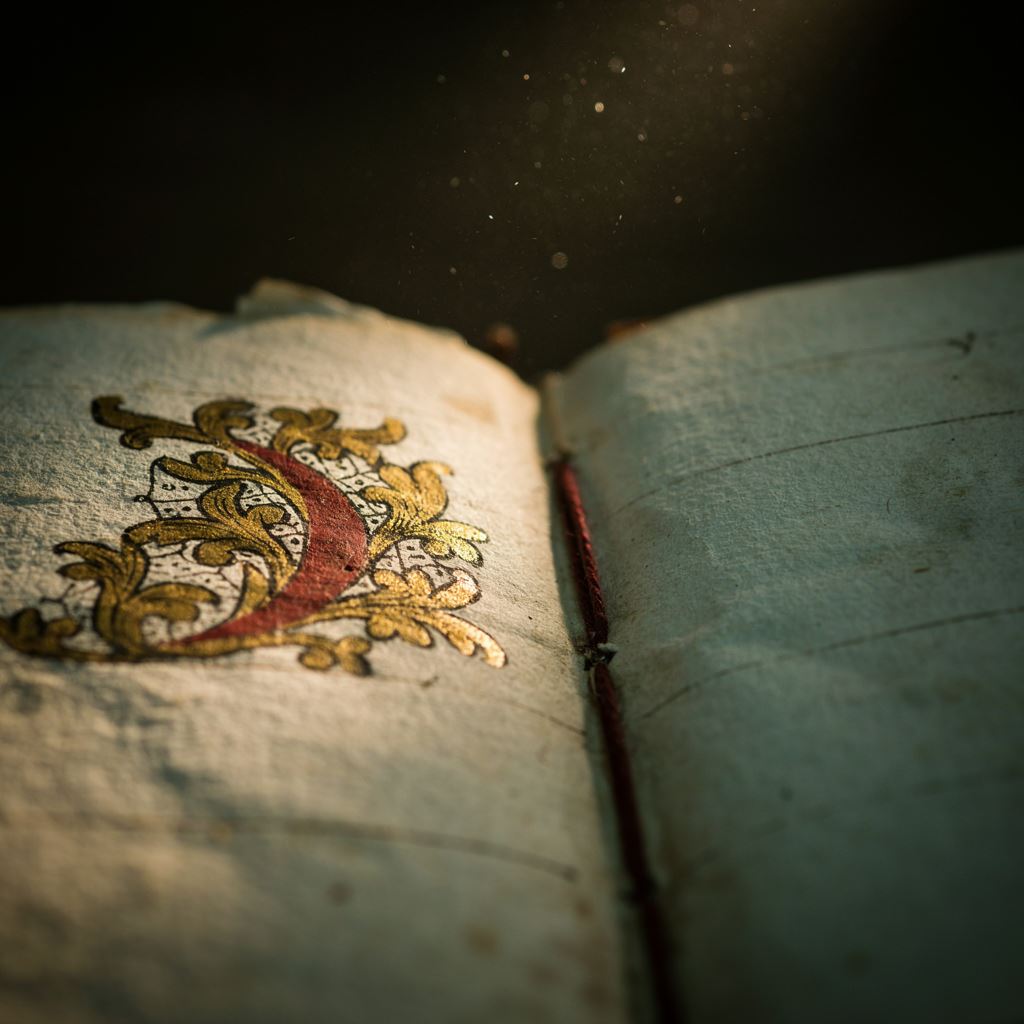 Página de livro em papel creme com capitular iluminada em vermelho e ouro, vista de muito perto